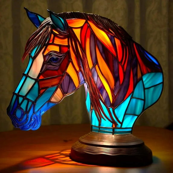 Angfeng Stained Resin Animal Night Light Resin Stained Glass Bedside Light Home Ornament(Horse)