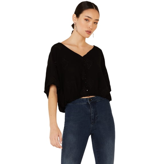 Angie Women's Embroidered Button-Down Long Sleeve Flowy Top Black US