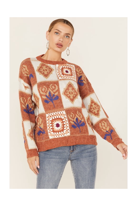 Women's Patchwork Sweater Rust Copper US
