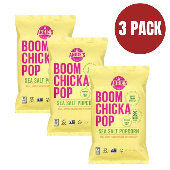 Angie's BOOMCHICKAPOP Sea Salt Popcorn, 1.25 oz Bag (Pack of 3), Gluten-Free, Non-GMO Healthy Snacks