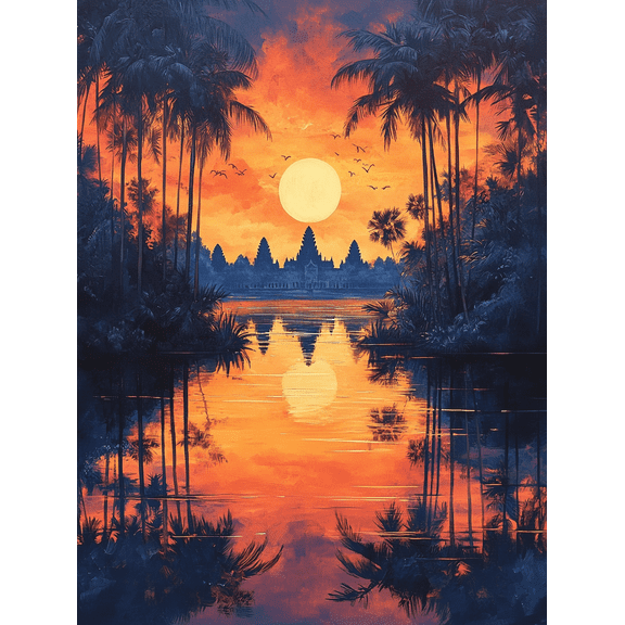 Angkor Wat Sunset Palm Trees Canvas Art Print Perfect for Living Room Bedroom Office Hotel and Yoga Studio Decoration.