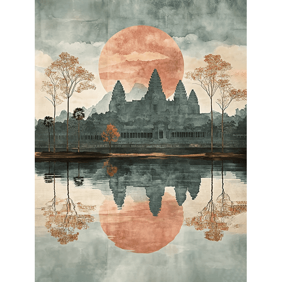 Angkor Wat Sunset Reflection Canvas Print/Wall Art Suitable for Living Room Bedroom Dining Room Office and Hotel Decoration.