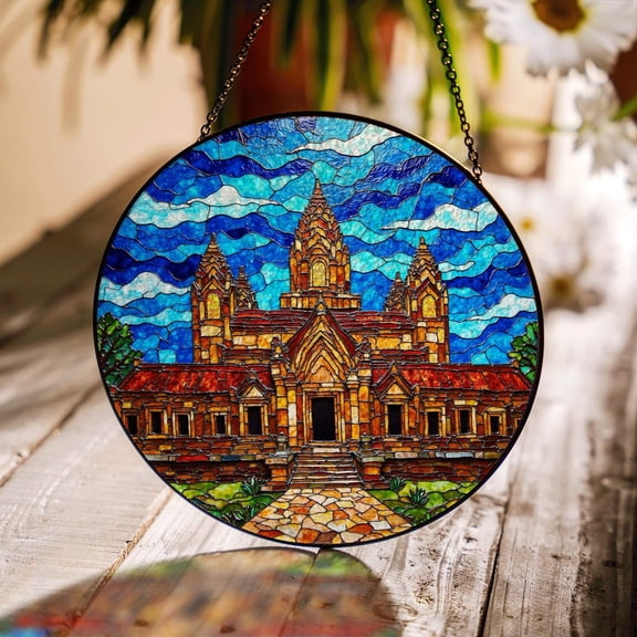 Angkor Wat Temple Art Glass Suncatcher, Travel Lover Window Decor, 3.5 in