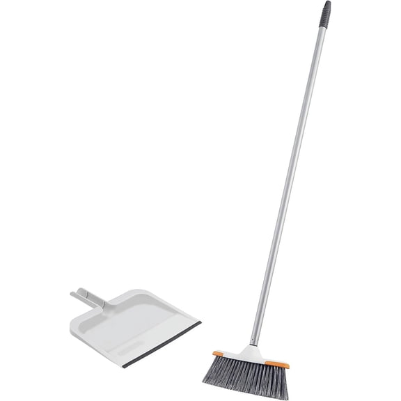 Angle Broom and Clip-On Dustpan Set, Slim Hand Broom Telescopic Handle 53 Inches Tall, White