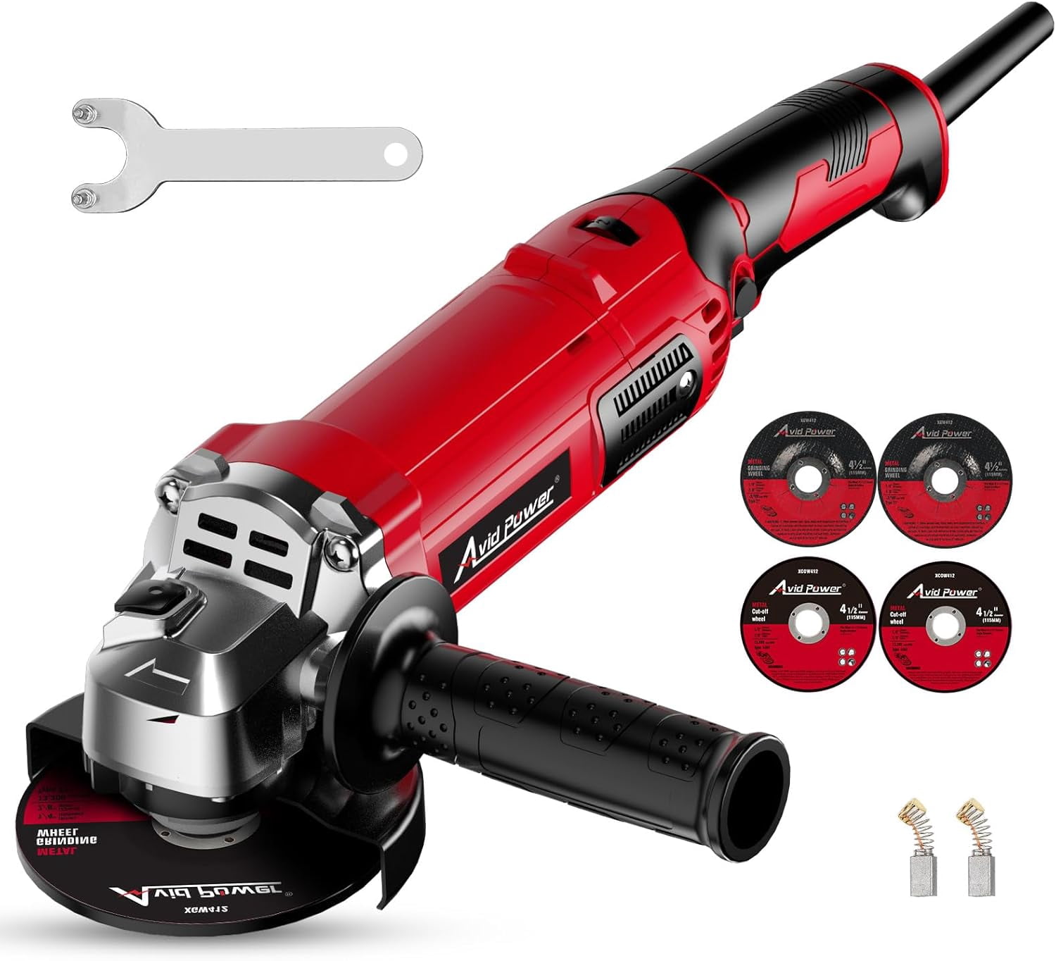 Angle Grinder 4-1/2 Inch 8.0 Amp 1000W Electric Grinder Tool 7-Variable-Speed Metal Grinder, 11,500 RPM, Paddle Switch with Lock-on Button, Cutting & Grinding Wheels and Side Handle - Red