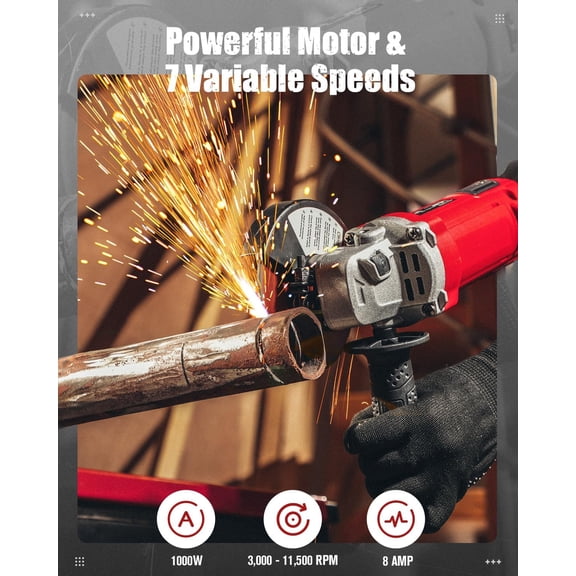 Angle Grinder 4-1/2 Inch 8.0 Amp 1000W Electric Grinder Tool 7-Variable-Speed Metal Grinder, 11,500 RPM, Paddle Switch with Lock-on Button, Cutting & Grinding Wheels and Side Handle