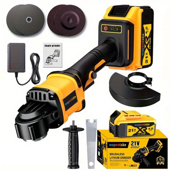 Wapentake 21V Cordless Angle Grinder, 4.0Ah Battery 2A Fast Charger, 11000RPM Brushless Motor, Power Angle Grinder with Cutting & Grinding Wheels, Flap Discs for Wood Metal & Rust Removal