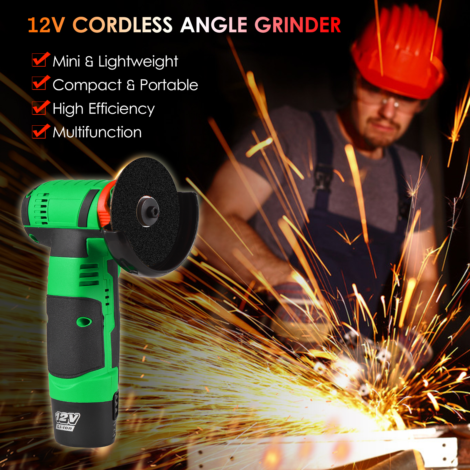 Angle Grinder Electric 12V Cordless Angle Grinder Tool Kit Portable Lithium Electric Angle Grinder 19500rpm Mini Rechargeable Power Cutter with 2pcs Batteries 2pcs Grinding Discs for Grinding