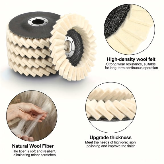 Angle Grinder Polishing Wheel, 5 Pcs Wool Buffing Pad Set, 4.5 Inch Polisher Disc For Metal Wood Stone Surface Finishing