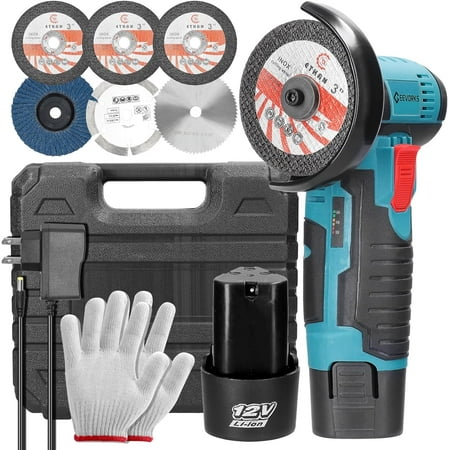 Angle Grinder Tool, Mini Angle Grinder Cordless 12V 19500RPM with 2PCS 2000mAh Battery, Nylon Cutting Blade-s/Grinding Disc/Metal Cutting Disc