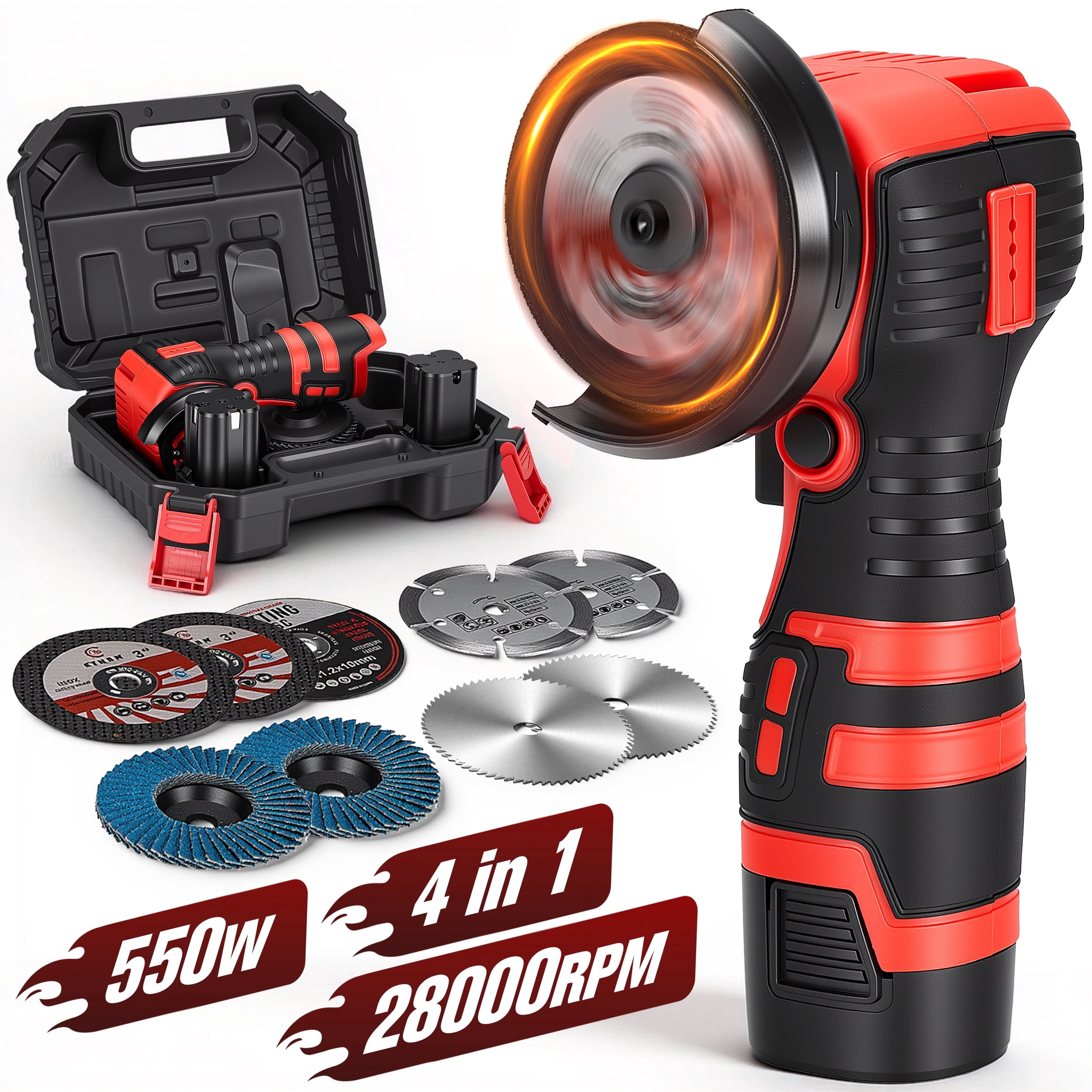 RELOIVE Angle Grinder Kit,28000RPM 4-in-1 Cordless Mini Electric Angle Grinding Tool with 2pcs 16.8V 2.0Ah Battery,9 Pcs Cutting Discs for Cutting Metal, Wood, Stone, DIY & Home Repair