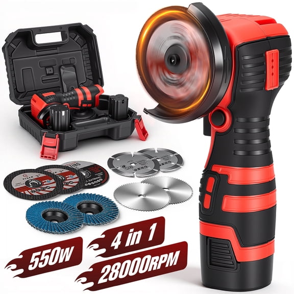 RELOIVE Angle Grinder Kit,28000RPM 4-in-1 Cordless Mini Electric Angle Grinding Tool with 2pcs 16.8V 2.0Ah Battery,9 Pcs Cutting Discs for Cutting Metal, Wood, Stone, DIY & Home Repair