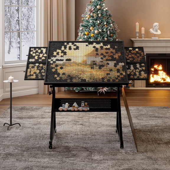 Angle & Height Adjustable Jigsaw Puzzle Board, Puzzle Table with Legs, 1500 Piece Puzzle Board, Puzzle Table with Wheels, Puzzle Tables with 4 Felt Trays and 2 Storage Drawers, Tilting Puzzle Board