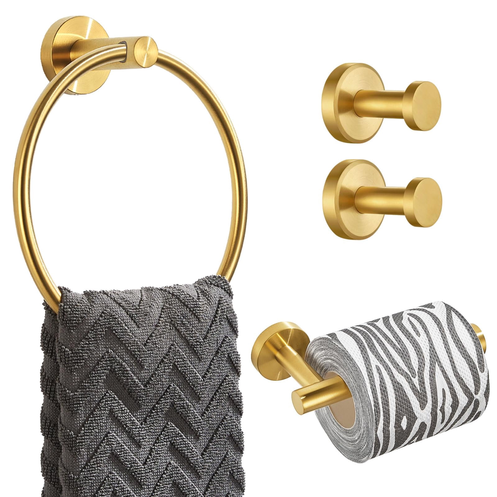 4-Piece Bathroom Hardware Set In Brushed Nickel - SUS304 Stainless Steel Towel Bar, Toilet Paper Holder, Robe Hook & Towel Holder
