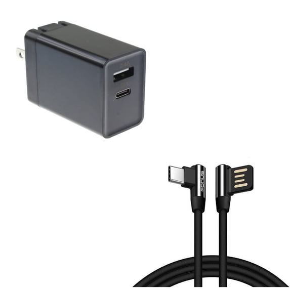 Angle USB Cable + Quick Home Charger for Motorola One 5G Ace Phone - 10ft Type-C Charger Cord USB-C Power and 30W 2-Port USB Type-C PD Travel Combo for Motorola One 5G Ace (2021)