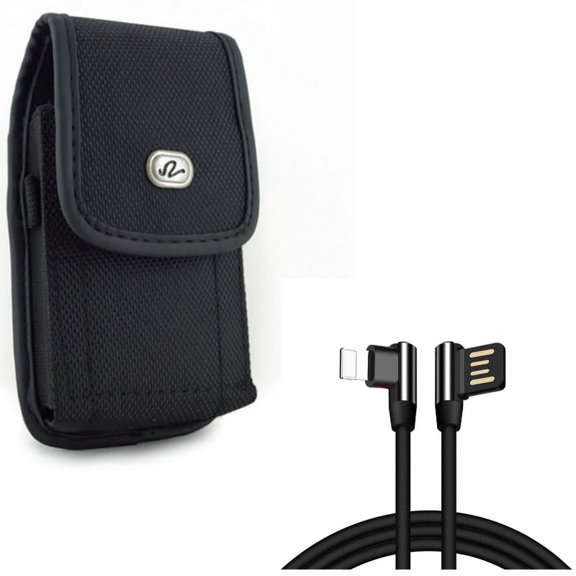Angle USB Cable w Case Belt Clip for iPhone XS/X - 6ft Charger Cord Power Wire Sync, Rugged Holster Canvas Cover Pouch for iPhone XS/X