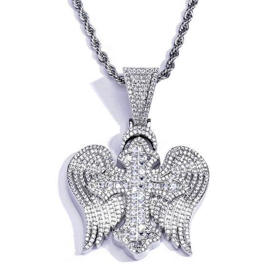 Angle Wings Lab Diamond Cross Pendant 14K Yellow Gold Party Wedding Pendants Necklace for Women Men Anniversary Jewelry Gift