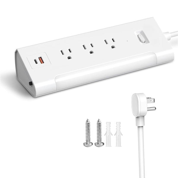Angled 3 Outlet Power Strip - Built in USB A/C Port - Integrated LED Light - 300 Joules Surge Protection