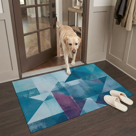 Angled Block Front Door Rugs 2x3ft Abstract Minimalist Geometric Teal Gray Red Textured Washable Rug, Non Slip Indoor Carpet Absorbent Floor Mat for Living Room Bedroom Dining Room