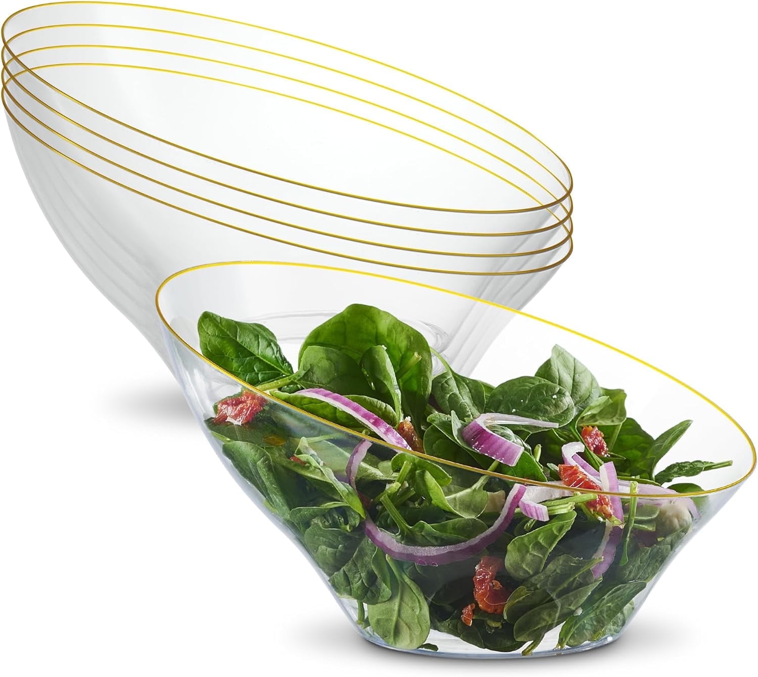 Elegant Clear Plastic Angled Serving Bowls with Gold Rim, 4 Pack