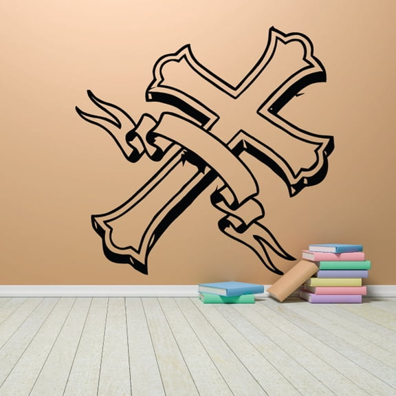 Angled Cross With Scroll Decal - 36 Inches