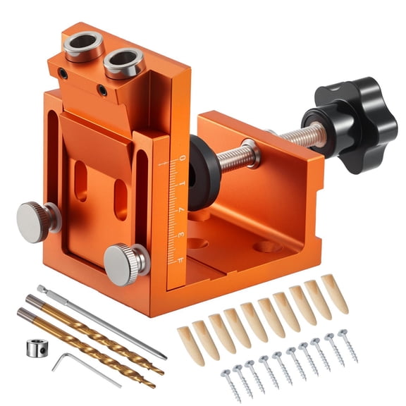 Angled Drill Clamp Kit Adjustable 0.47 to 1.89 Inches with Step Drill Bits Hex Wrenches Drill Stop Rings Square Drill Bits Plugs Screws Reinforced Metal Frame for Woodworking