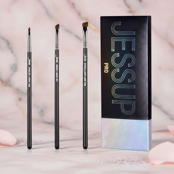 Angled Eyeliner Brush Set,3pcs Pro Precision Eye Liner Brush Fine Winged Ultra Thin Slanted Gel Liquid EyeLiner Makeup Brushes, Black T345