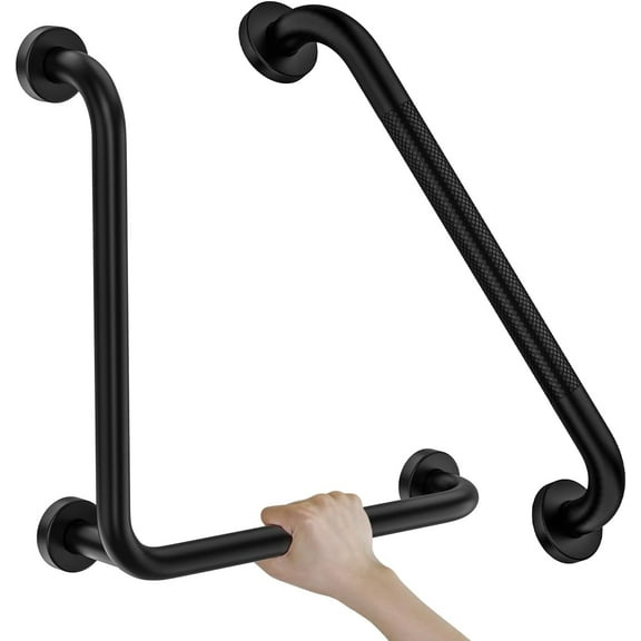Angled Grab Bar - 16x16 Inch Stainless Steel Knurled Toilet Handles Wall Mounted Bathroom Handicap Safety Rails for Elderly Injured Balance Support, L-shaped Matte Black Grab Bar for Shower