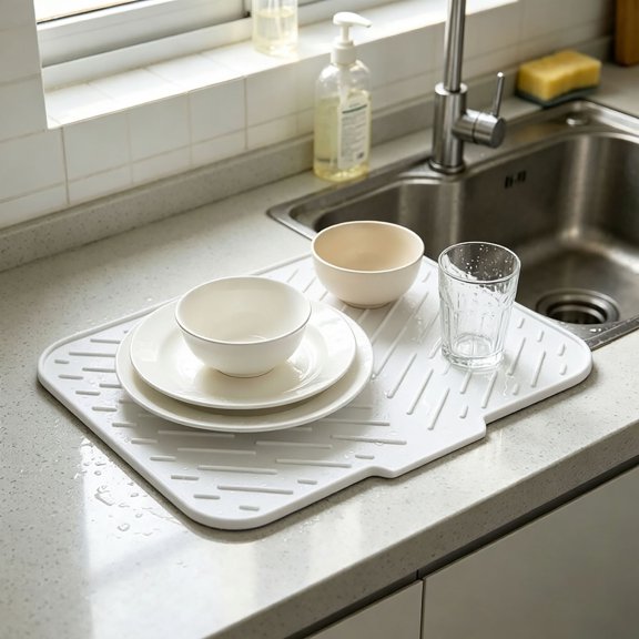 Angled Sloped Dish Drying Mat with Drain Lip Heat Resistant Non-Slip Kitchen Counter Drainage Tray Multi-Purpose Food Prep Mat for Tableware Fruit Veggies