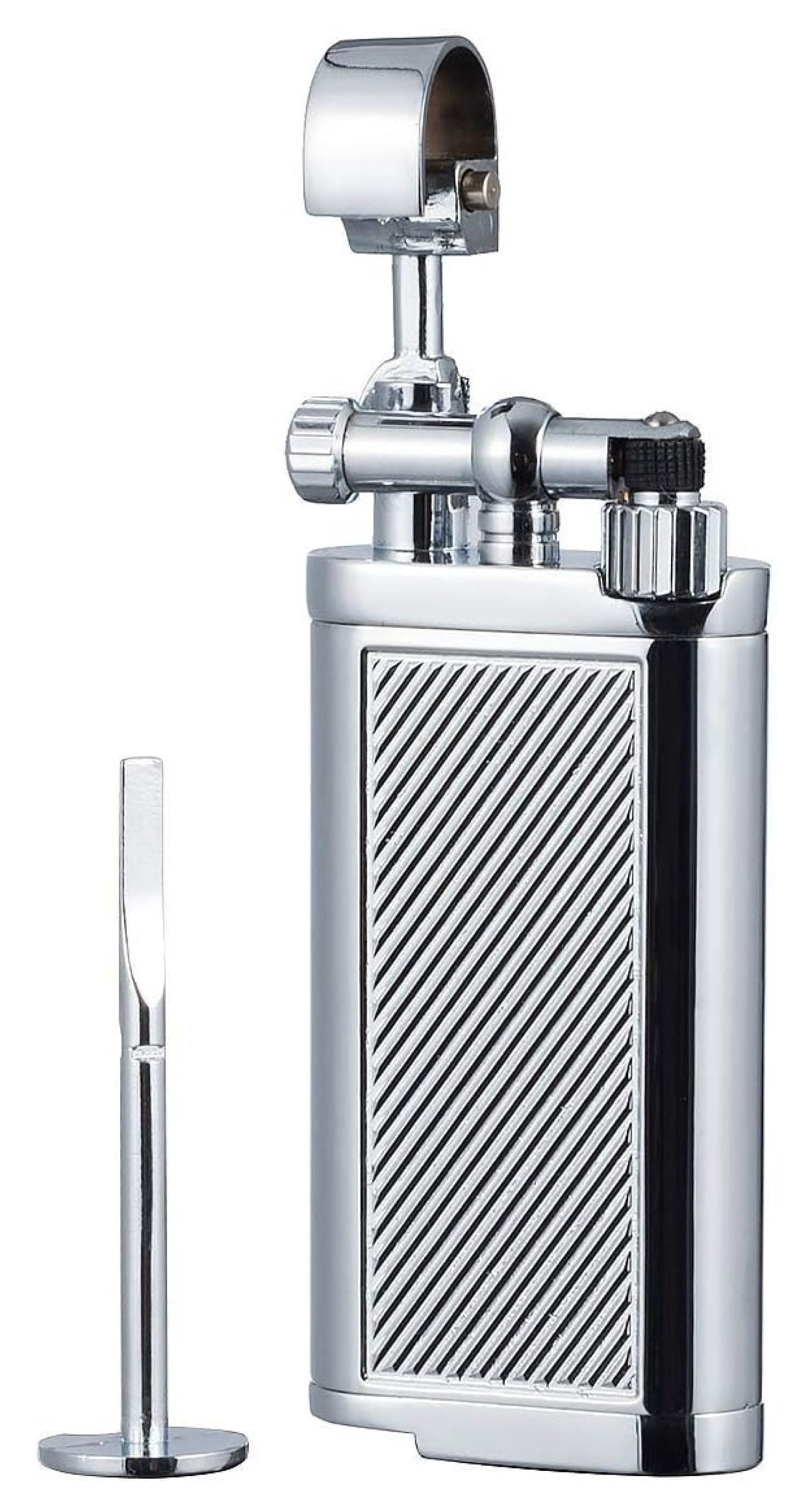 Angled Soft Flame Antique Lift Arm Butane Refillable Lighter with Tamper & Pick (Chrome)