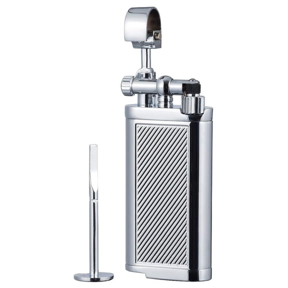 Angled Soft Flame Antique Lift Arm Butane Refillable Lighter with Tamper & Pick (Chrome)