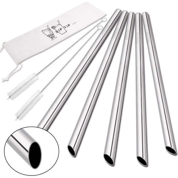 Angled Tips 5 Pcs 10" Reusable Bubble Tea & Smoothie , 0.5" Wide Stainless Steel Straw, Metal Straw for Boba, Tapioca Pearl, Milkshakes, Jumbo Drinks | 2 Cleaning Brushes