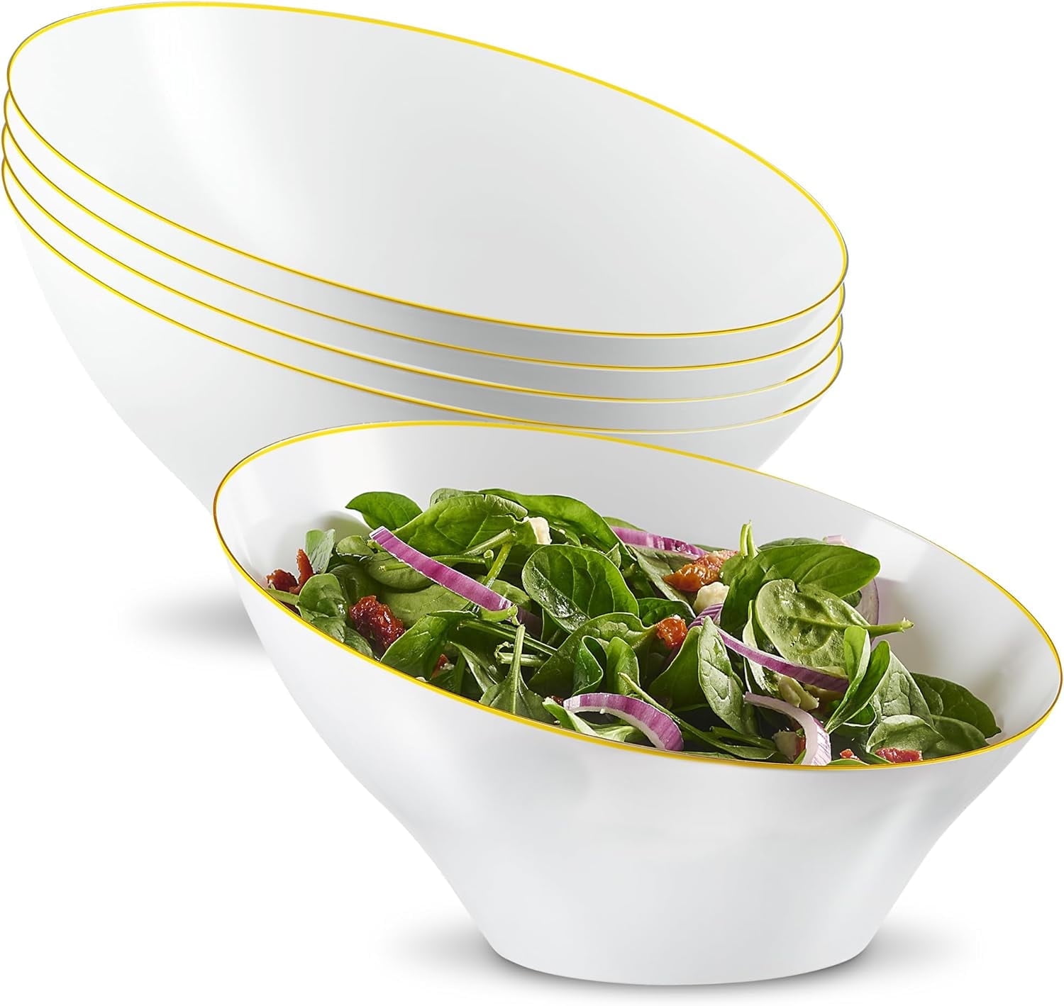 Large White and Gold Rim Plastic Disposable Serving Bowls, Set of 4