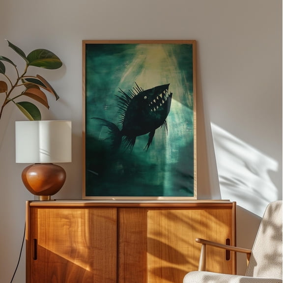 Angler Fish Art Print, Mysterious Oceandark Blue Deep Sea Aquatic Anglerfish Underwater Scene, Dark Ocean Wall Art, Modern Wall Decor, 16x24 UNFRAMED