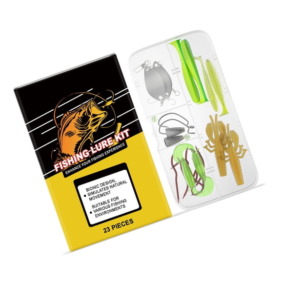 Angler Lure Set 23 Piece Mixed Soft Lures, Spoon Lures and Boxed Tray Storage with Natural Movement Design for Outdoor Fishing Days