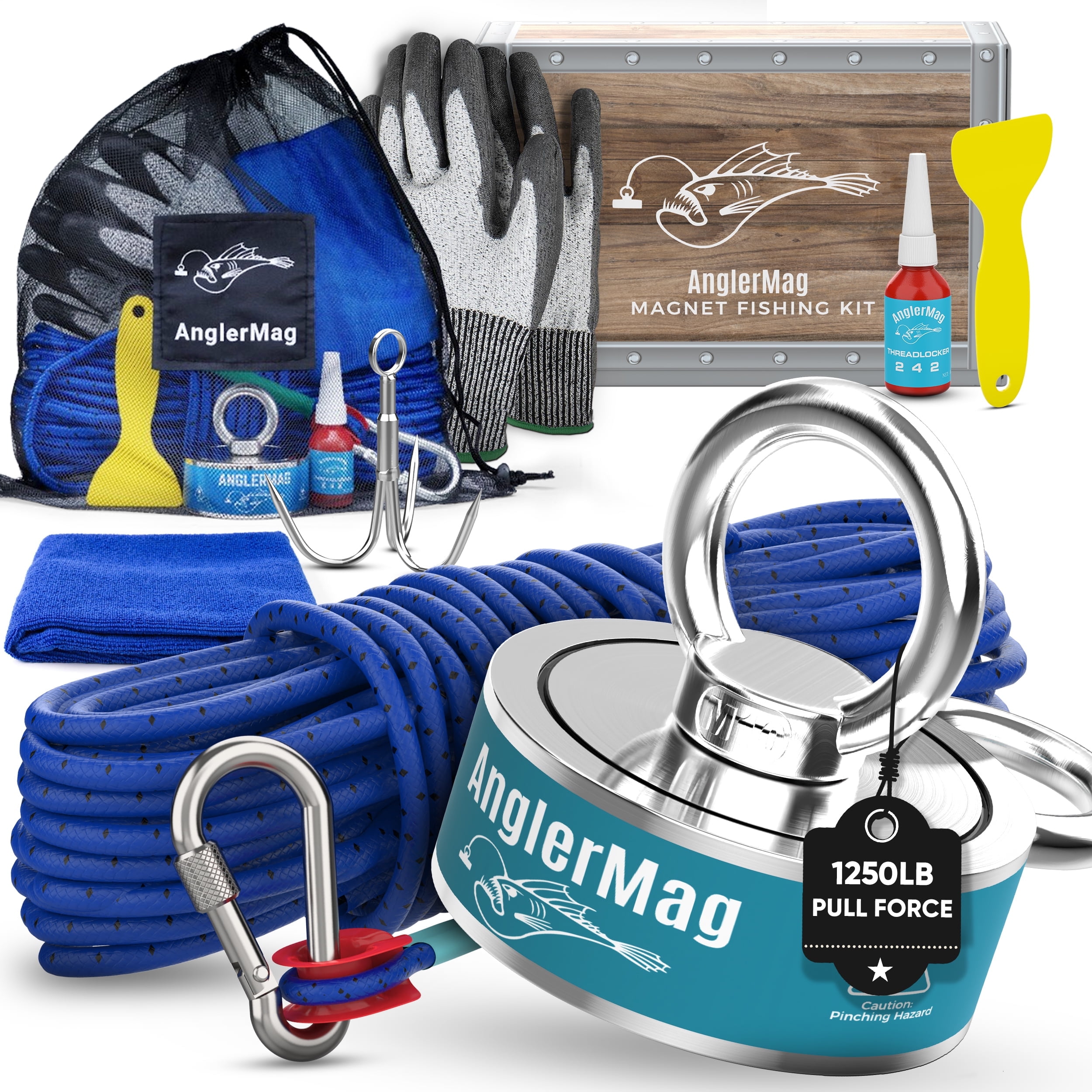 AnglerMag Magnet Fishing Kit, 1250 lbs Double Sided Magnet with Rope, Carabiner, Gloves, Grappling Hook & Carrying Bag, 10 Piece Complete Set