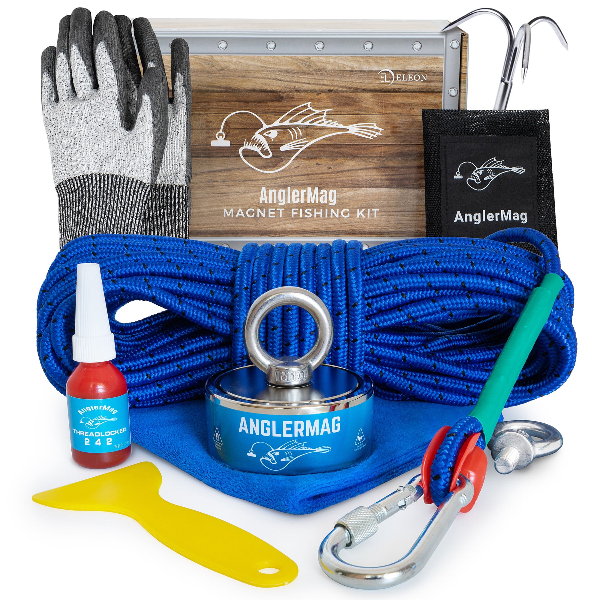 AnglerMag Magnet Fishing Kit, 1250 lbs Double Sided Magnet with Rope,  Carabiner, Gloves, Grappling Hook & Carrying Bag, 10 Piece Complete Set 