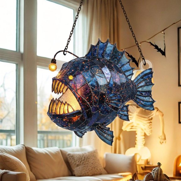 Anglerfish Deep Sea Fish Glowing Eyes Acrylic Suncatcher Window Hanging Ocean Decor Sea Lover Gift