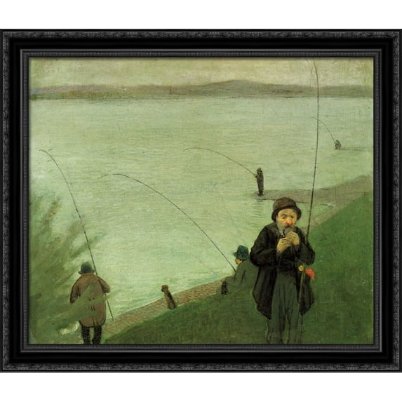 Anglers on the Rhine 34x28 Large Black Ornate Wood Framed Canvas Art by August Macke