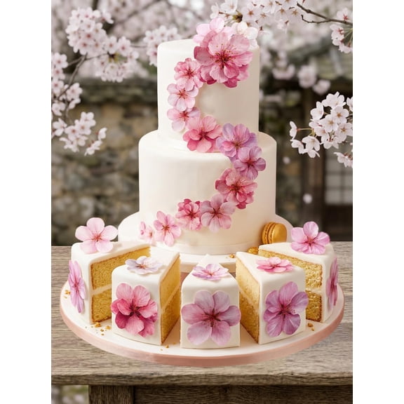 Anglesit Pre-Cut Cherry Blossoms Edible Rice Wafer Flowers Cupcake Toppers Cake Decorations Birthday Party Wedding Easter Baby Shower Pink Sakura Flower (Cherry Blossoms)