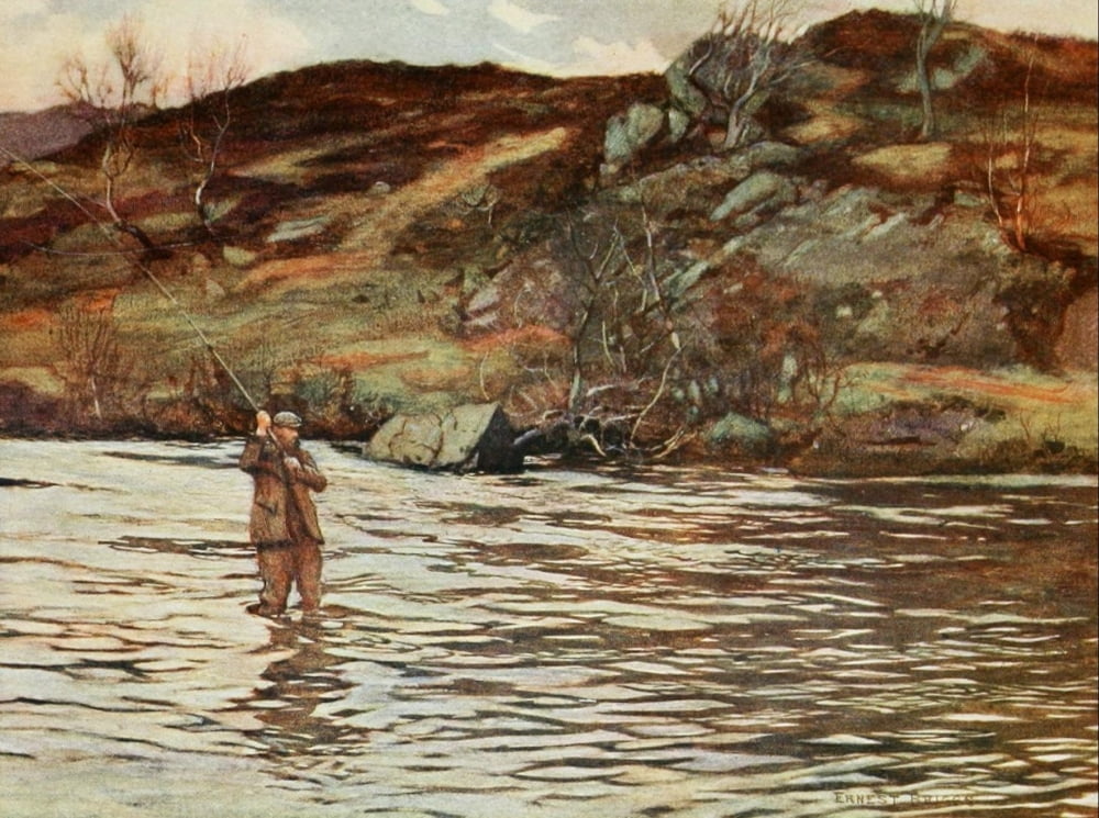 Angling & Art in Scotland 1908 Fisherman on the Double Bend pool Canvas Art - Ernest Briggs (18 x 24)