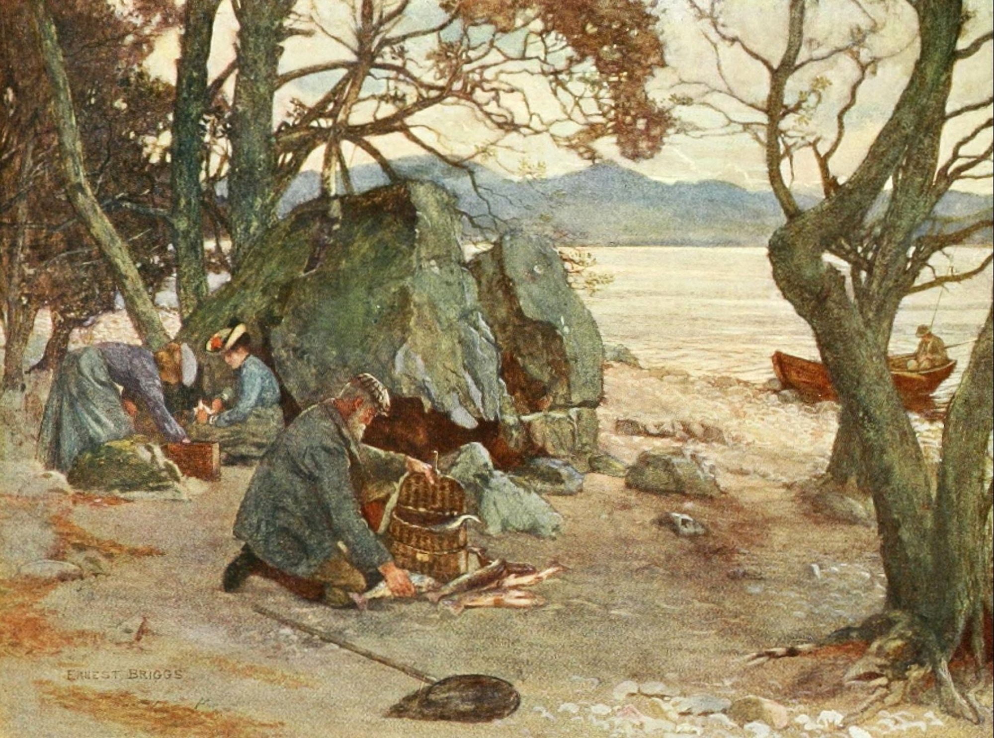 Angling & Art in Scotland 1908 Lunchtime on Loch Awe Canvas Art - Ernest Briggs (24 x 36)