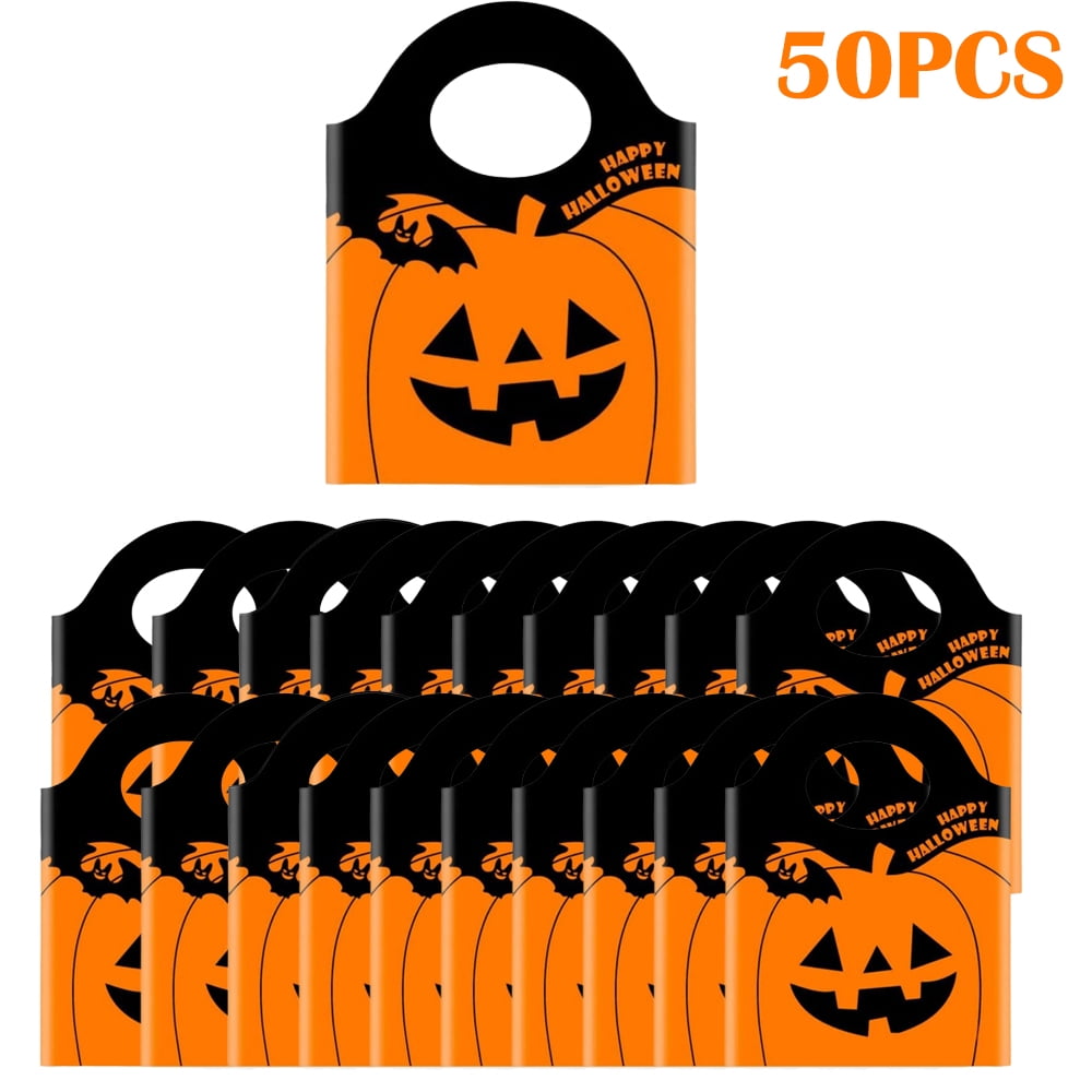 50PCS Halloween Pumpkin Gift Candy Bags, Halloween Paper Bags with Handle Trick or Treat Bags Party Favor for Halloween Party Decorations