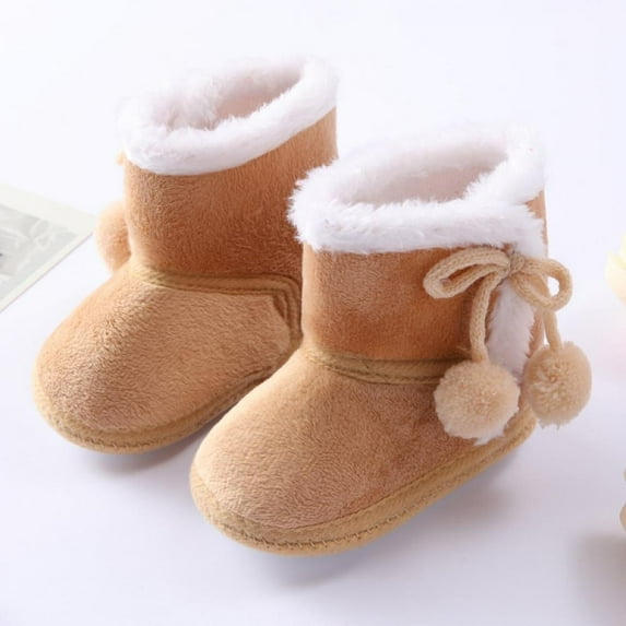 Angmile Toddler Baby Solid Color Plus Velvet Cotton Shoes Newborn Double Pom Pom Soft Sole Snow Boots Infant First Walker
