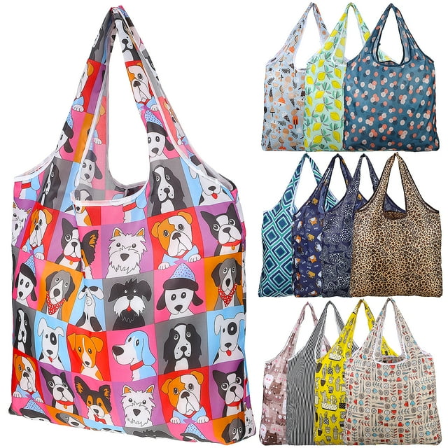 Angoily 12 Pcs Foldable Shopping Tote Bags Reusable Pattern Printed