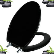 Angol Shiold Wood Elongated Toilet Seat, Black Toilet Seat, Easy Clean, Metal Hinges ( Elongated 18.5'', Black )