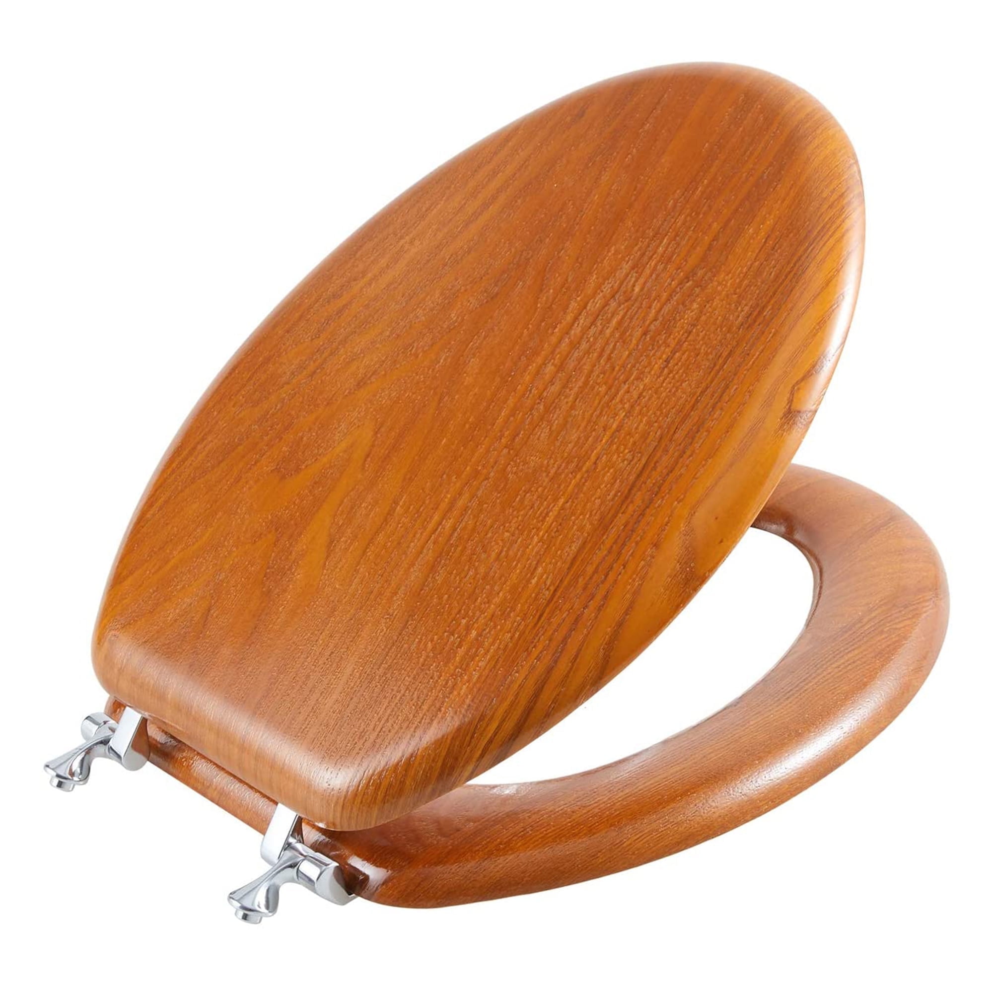 Angol Shiold Wood Elongated Toilet Seat, Easy Clean, Metal Hinges（Elongated 18.5'', Warm Brown）