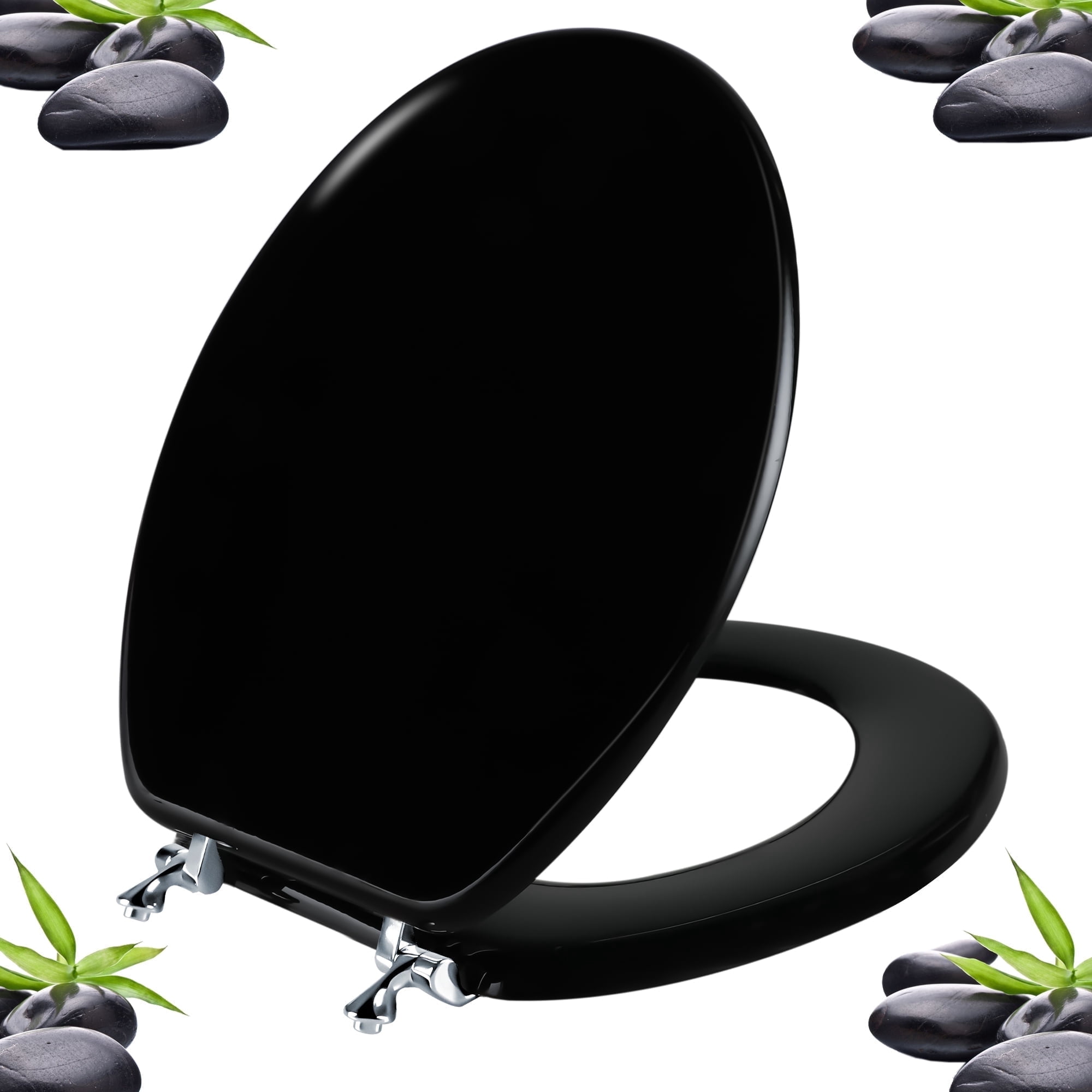 Angol Shiold Wood Round Toilet Seat, Black Toilet Seat, Easy Clean, Metal Hinges ( Round 16.5'', Black )