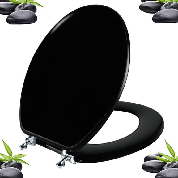 Angol Shiold Wood Round Toilet Seat, Black Toilet Seat, Easy Clean, Metal Hinges ( Round 16.5'', Black )