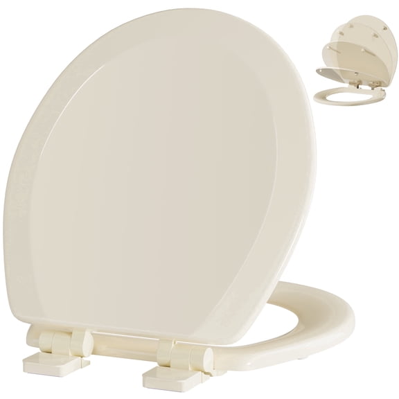 Angol Shiold Wood Toilet Seat with Non-Slip Adjustable Hinges, Quiet-Close ( Beige, Round 16.5'' )